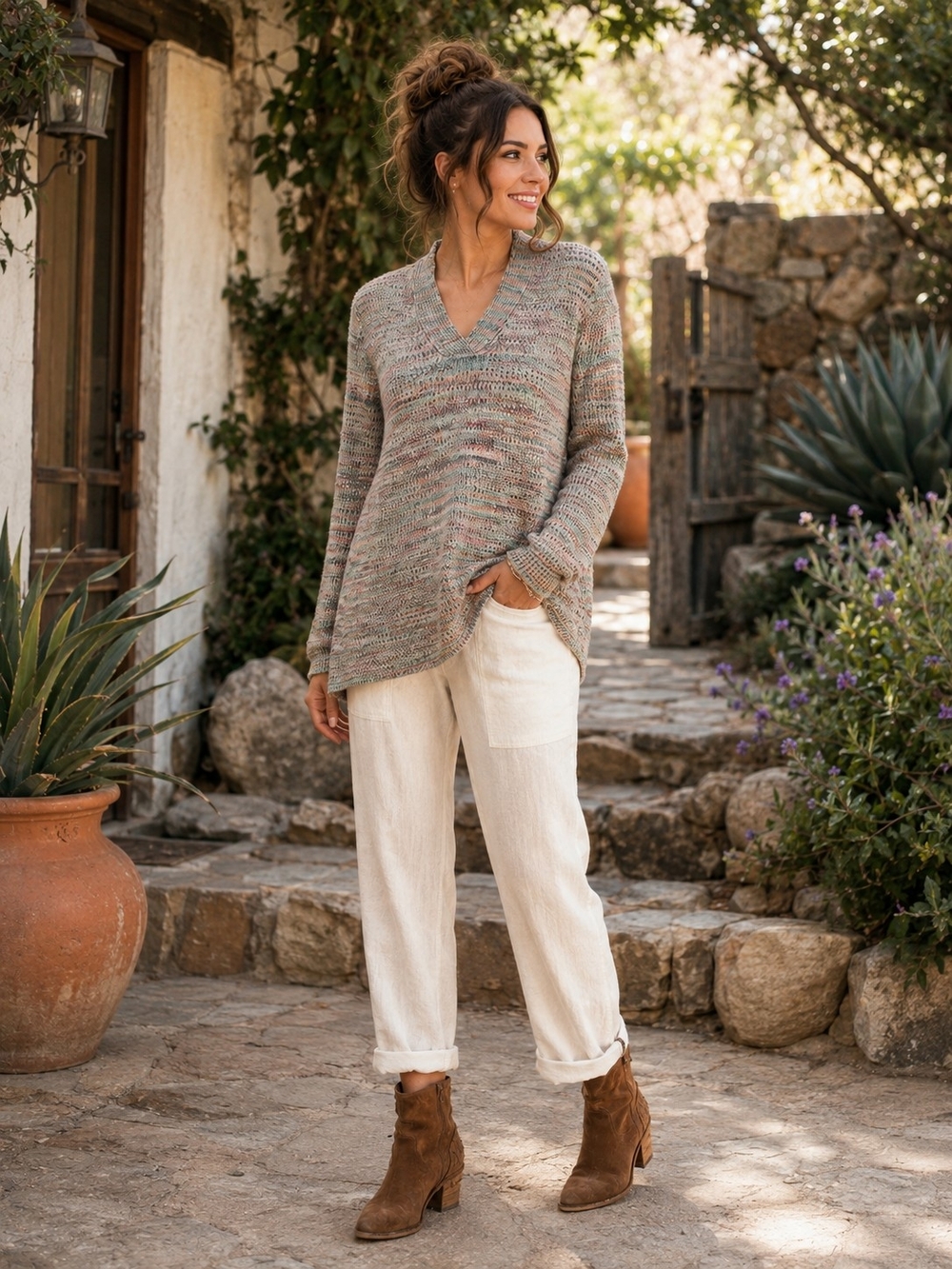 J. Jill Multicolor Cotton Knit V Neck Sweater Tunic Pullover Size M Boho